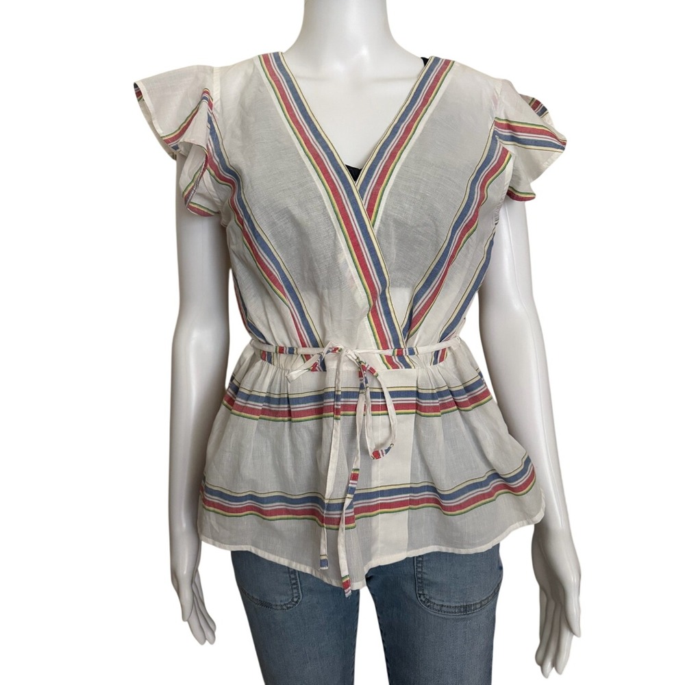 J.Crew V-Neck Flutter Sleeve White Blue Red Stripes
